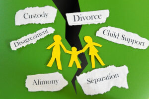 Image of a family of paper dolls holding hands on a green background torn down the middle with several words surrounding it, representing the issues that a Logan County family lawyer can help with when facing a divorce in WV.