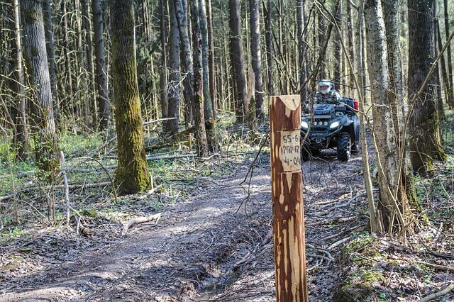 Image of an ATV driver on a wooded trailer, representing how a WV four wheeler injury lawyer can help protect your rights if your trail ride ends in an accident.